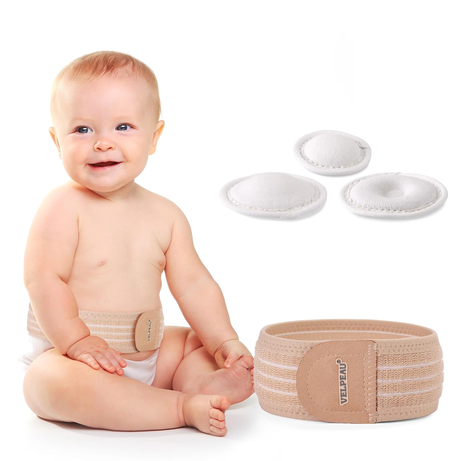 251026150819741_1 Velpeau Umbilical Hernia Belt Baby Belly Band, Button Wrap Truss Abdominal Binder for Infant, Children, Kids, Adjustable Support Belt with 3 Compression Pads, Beige, One Size - Image 1